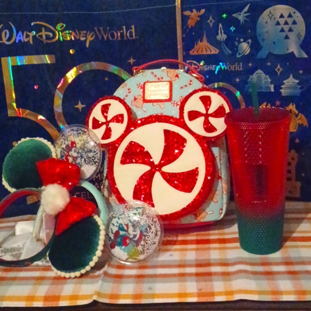 Disney's Epcot's Peppermint Holiday Loungefly Bag , Tumbler & Two Ears.